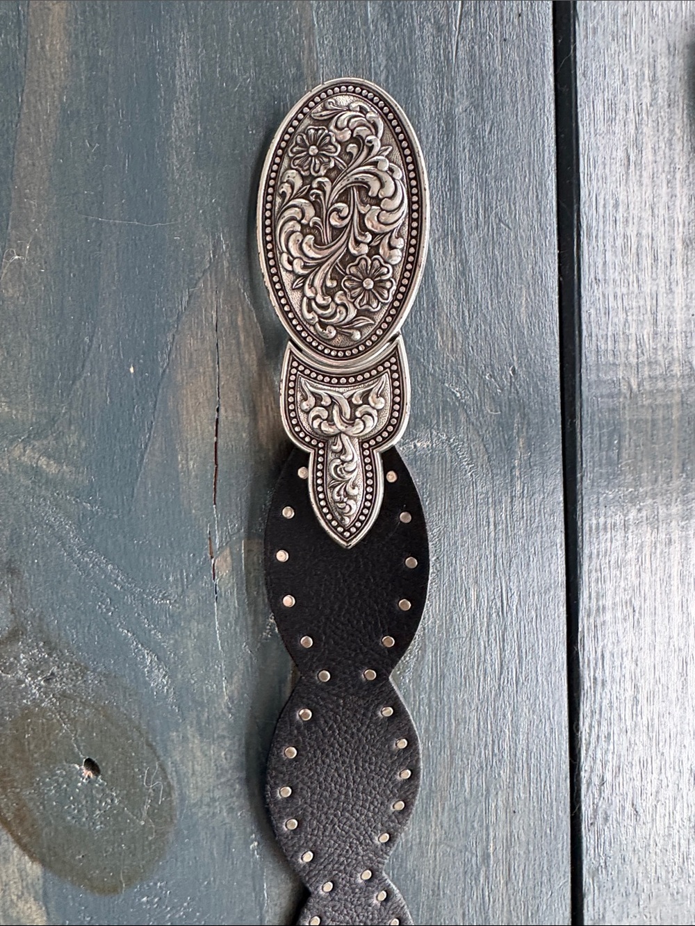 Chico's Black Leather Belt with Ornate Silver-Tone Buckle